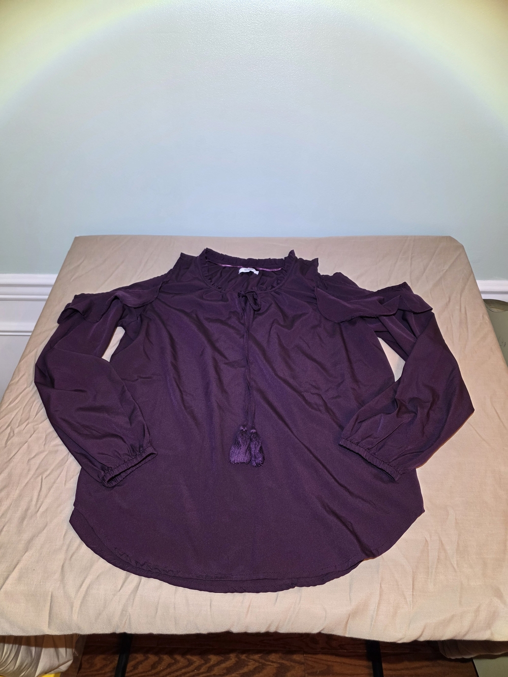 Kensie Plum Cold-Shoulder Blouse with Tassel Tie